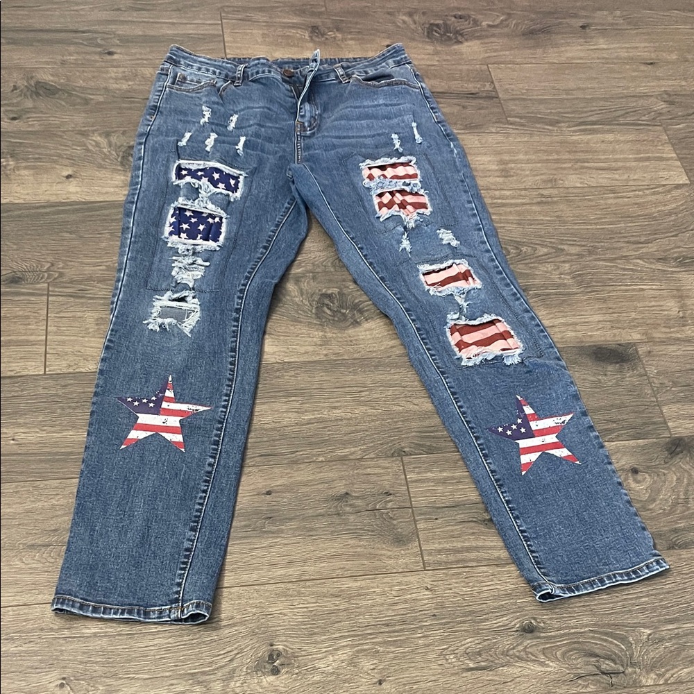 Blue Distressed Jeans with Star and Stripe Patches